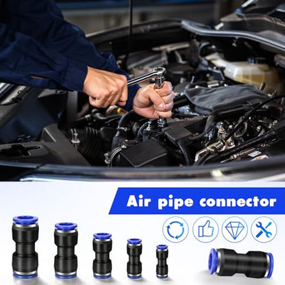100 Pcs Quick Connect Air Hose Fittings, 5 Sizes Air Line Push to Connect Fittings Kit Quick Release Pneumatic Connectors Plastic Straight Tube Connector (2 Way, 4 6 8 10 12 mm)