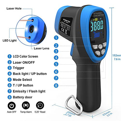 BTMETER BT-1500C Pyrometer Non Contact Laser Infrared Thermometer Measures -58℉ to 2732℉ (-50℃ ~ 1500℃) High Temp, IR Temperature Gauge with Color LCD (NOT for Human Temp) - color: BT-1500C Blue