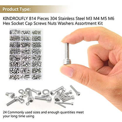 814 Pieces Socket Head Cap Screws Nuts Washers Kit, Kindroufly M3 M4 M5 M6 Screw Assortment Kit, Metric Screw Set, Bolts and Nuts, Machine Screws, 304 Stainless Steel, Fully Machine Thread - size: M3/M4/M5/M6, style: Socket Head