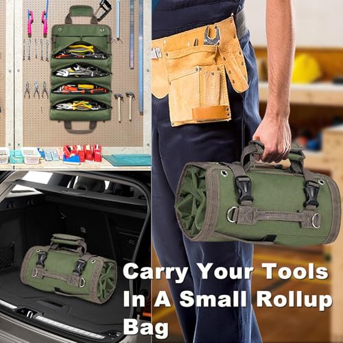 Heavy Duty Roll Up Tool Bag Organizer w/Detachable Pouches, Gifts for Men - color: Green