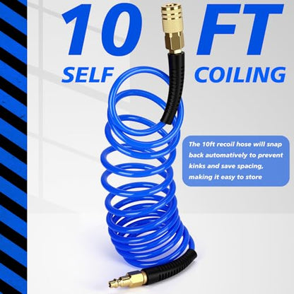 Flutesan 10 Pack 1/4 in x 10 ft Recoil Air Hose with Quick Coupler, Blue - color: Blue