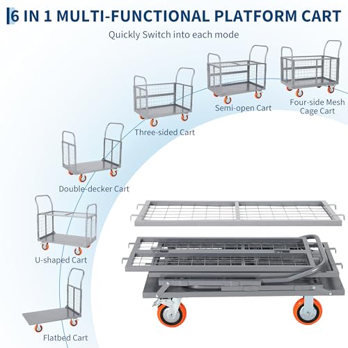 Platform Truck Cart with Cage, 6-in-1 Multi-Purpose Push Cart Dolly, Foldable Hand Truck Load 1800 LBS with 4 Wheels Flatbed Cart for Grocery, Laundry, Garage, Warehouse,Silver - color: Silver