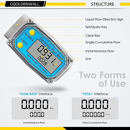 CGOLDENWALL 1 inch 3/4 inch Turbine Flow Meter 2.5~26GPM Fuel Meter Digital Liquid Flowmeter with with 2 NPT Adapters Flow Meter for Water, Diesel, Kerosene, Gasoline with Gallon Unit - color: 1 inch 3/4 inch