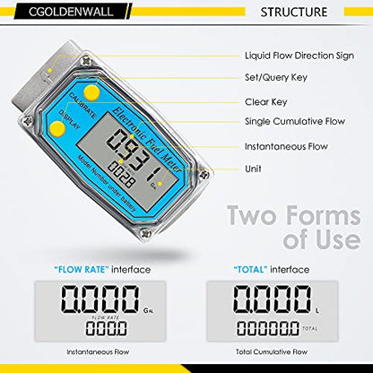 CGOLDENWALL 1 inch 3/4 inch Turbine Flow Meter 2.5~26GPM Fuel Meter Digital Liquid Flowmeter with with 2 NPT Adapters Flow Meter for Water, Diesel, Kerosene, Gasoline with Gallon Unit - color: 1 inch 3/4 inch
