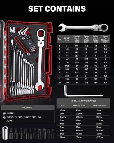 ROTATION 32pc Metric 12 point Flex-Head Ratcheting Wrench Set, 6-22mm - size: Metric
