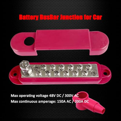 Ampper 1/4" Stud Power Distribution Block Bus Bar with 12 x #8 Screw, Red - color: Red, size: Plated Brass