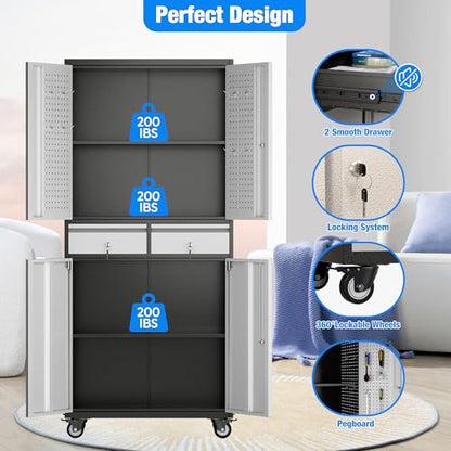 Aobabo Metal Garage Cabinet with 2 Drawers, Wheels & Pegboard, Black Silver - color: Black Silver, size: 15.1"D x 30"W x 71"H