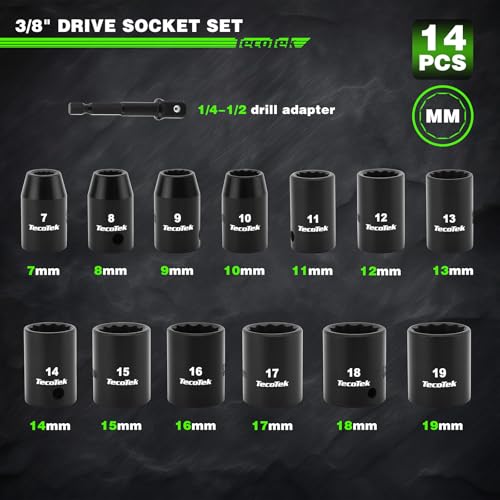 TecoTek 14 Pieces 3/8-Inch Drive Impact Socket Set, 12-Point, Metric, Shallow, CR-V, 7mm to 19mm, Drill Socket Adapter 3/8" - size: 7mm-19mm(Shallow)