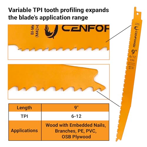 25-PC Reciprocating Saw Blades, 9 inch, 6-12 TPI, BI-Metal (M42+D6A) Material, Replace Milwaukee, Dewalt and Diablo sawzall Blade for Wood with Nails - style: 9 inch-6/12 TPI-25PC
