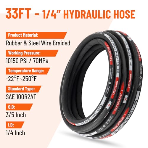 33FT 1/4" Hydraulic Hose with 16PCS Hydraulic Hose Fittings - size: 1/4" Hydraulic Hose - 33FT