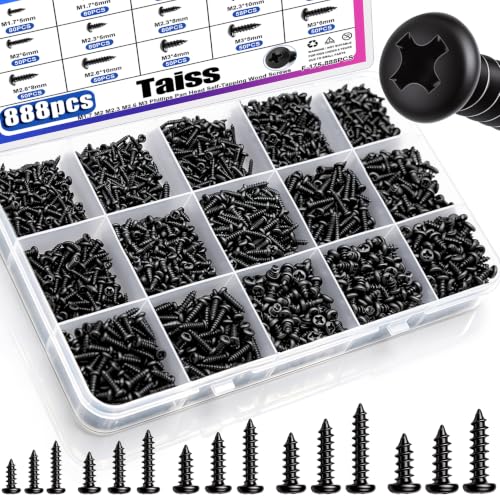 Taiss 888PCS M1.7 M2 M2.3 M2.6 M3 Phillips Pan Head Self Tapping Wood Screws Assortment Kit,15 Sizes Self Tapping Screws for Plastic,Cross Recessed Carbon Steel Black Screw for Wood,Plastic - size: 888PCS