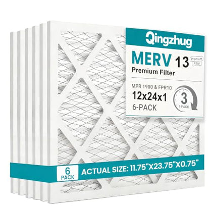 12x24x1 MERV 13 (6-Pack) Pleated Air Filter (Actual Size: 11.75" x 23.75" x 0.75") MPR 1900 & FPR 10, Furnace Air Filters - size: 12x24x1 6-Pack