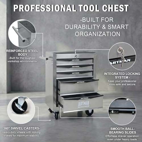 5-Drawer Rolling Tool Chest, Lockable for Garage, Silver - color: Silver, size: 5-Drawers