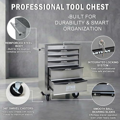 5-Drawer Rolling Tool Chest, Lockable for Garage, Silver - color: Silver, size: 5-Drawers