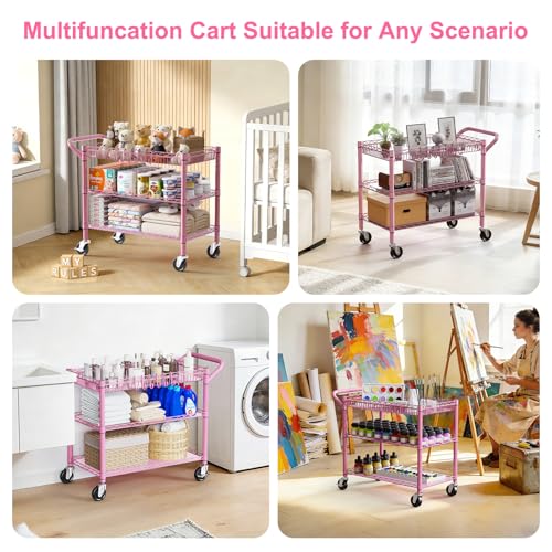 WDT Pink Rolling Utility Cart with Wheels, 990Lbs Heavy Duty Metal Cart with Handle & Shelf Liners, NSF Certified 3-Tier Storage Trolley for Esthetician, Kitchen, Salon & Craft Room, Pink - color: Pink-3 Tier