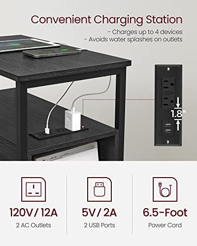 VASAGLE Side End Table with Charging Station, Slim Nightstand with Storage - color: Charcoal Gray + Ink Black, size: 23.6"D x 13.8"W