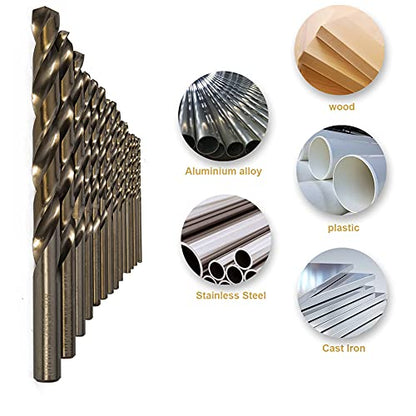 HIDOTOL Cobalt Drill Bit Set 115 PCS - M35 High Speed Steel Twist Jobber Length Drill Bits for Hardened Metal, Stainless Steel, Cast Iron, Plastic and Wood, 1/16"-1/2", A-Z, 1-60 - size: Cobalt 115 PCS