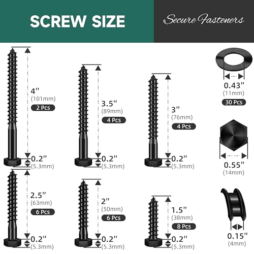 60Pcs 3/8" Hex Head Lag Screws, 304 Stainless Steel Wood Screws with Washers Kit with Socket, Black Oxided 3/8 Lag Bolts for Outdoor Woodworking - color: Black, size: 3/8 Kit