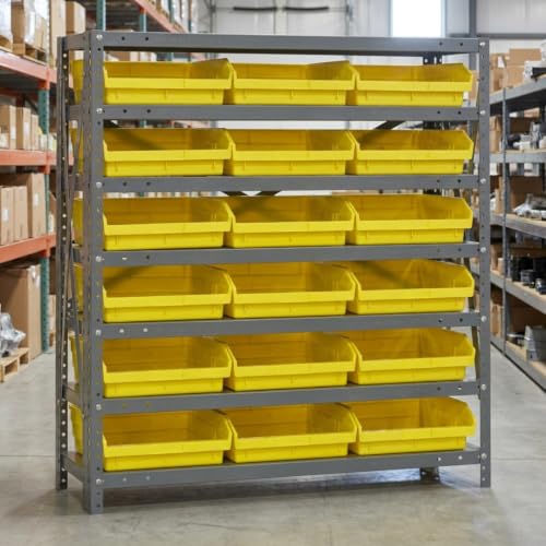 Quantum Storage 1239-109 Steel Shelf Bin Organizer System, 18 4"H Hopper-Front Bins, 7-Shelf Unit, 400 lb Per Shelf, for Warehouse, Shop, Garage & Stockroom, 12"D x 36"W x 39"H, Yellow - size: 39" H x 36" W x 12" D, style: 12" L x 12" W x 4" H 18 Economy