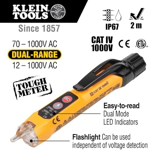 Klein Tools NCVT3P Dual Range Non Contact Voltage Tester, 12 - 1000V AC Pen, Flashlight, Audible and Flashing LED Alarms, Pocket Clip - size: Dual Range NCVT