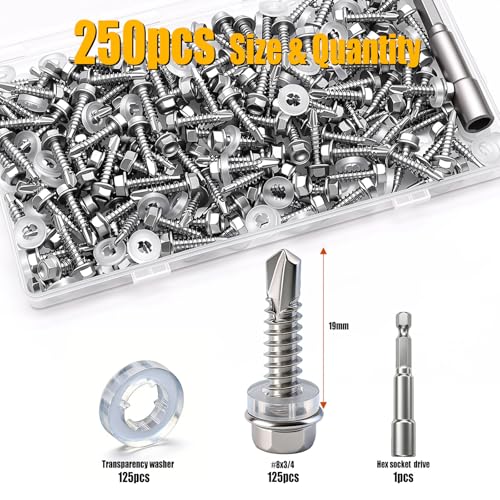 weideer 250pcs ＃8×3/4" Self Tapping Screws for Metal,410 Stainless Steel,Metal Screws Self Tapping, Hex Washer Head Quick Tapping Self Drilling Sheet Metal Screw with Washer K-157-W-19mm - size: SV 250PCS ＃8×3/4"