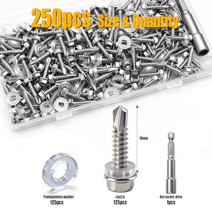 weideer 250pcs ＃8×3/4" Self Tapping Screws for Metal,410 Stainless Steel,Metal Screws Self Tapping, Hex Washer Head Quick Tapping Self Drilling Sheet Metal Screw with Washer K-157-W-19mm - size: SV 250PCS ＃8×3/4"