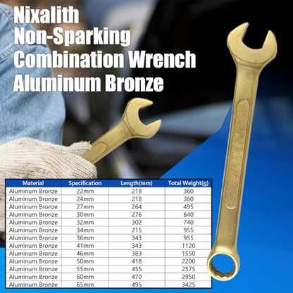 Nixalith Non-Sparking Combination Wrench - 60mm,Aluminum Bronze,Metric,12-Point Spark-free Spanner,Length 470mm,Corrosion-resistance,Low-magnetic - color: 60mm