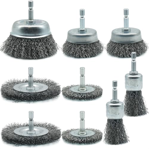 9 Pcs Wire Brush Set for Drill, Coarse Carbon Steel Crimping Wire Wheel Brush with 1/4" Hex Shank for Aggressive Rust Removal, Paint Stripping & Surface Abrasion - style: 3 Cup Brush+4 Wheel Brush+2 Pen Brush (9 Piece Set)