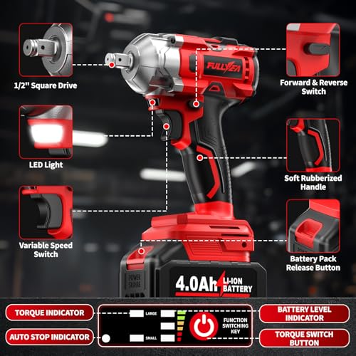 FULLYEA Cordless Impact Wrench 1/2 Inch, 406Ft-lbs (550N. M) Brushless Impact Gun Kit, 3000RPM High Torque Power Impact Wrench, 4.0Ah Battery & Fast Charger, Electric Impact Driver for Car Home
