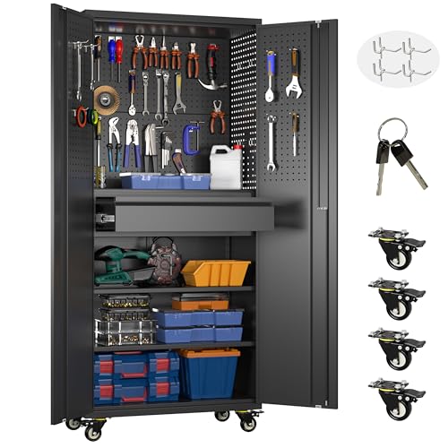 Aobabo Metal Garage Storage Cabinet, 71"x30" Lockable Rolling Tool Cabinet - color: Black, size: 15"D x 30"W x 71"H