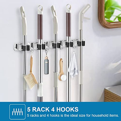 IMILLET Broom Holder Wall Mount Stainless Steel Mop Organizer - color: Stainless Steel - 5 Racks with 4 Hooks, size: 1 Pack