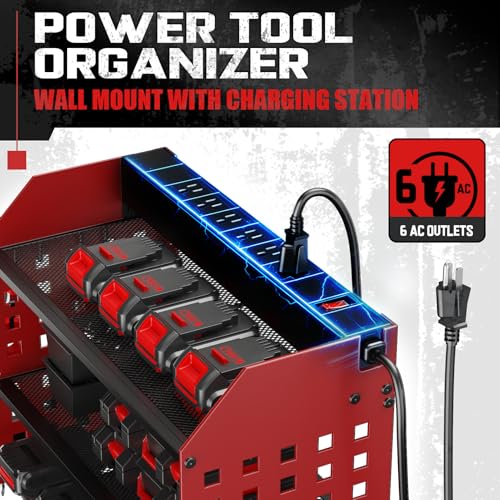 SPACECARE Power Tool Organizer with 6 Outlets, 3-Layer Heavy Duty Wall Mount Drill Storage Rack, Cordless Tool Charging Station with Utility Shelf, Garage Organization and Storage for Workshop- Red - style: 4 Drill Holders D