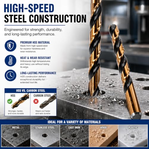 Stark USA 115-Piece High-Speed Steel Drill Bit Set, HSS Jobber Length Twist Bits 1/16"–1/2", Fractional Drill Bits for Metal, Stainless Steel, Cast Iron, Wood & Plastic, Indexed Case - size: 115 PCS Set HSS