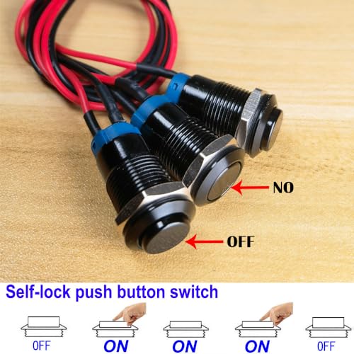 Gebildet 3Pcs Prewired IP65 Waterproof Push Button Latching Self-Locking Aluminium Alloy Push Button On Off 12mm 2A 12V/24V/125V/250V AC (High Head) - color: Black-Latching