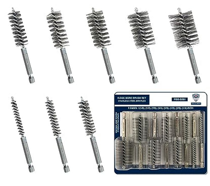 Stainless-Steel Bore Brush [8-Size Set] Wire Brush for Power Drill, Metal Cleaning Brushes, 1(1/8) to 1/4-inch Diameter in 1/8-in increments (or 29, 26, 22, 19, 16, 13, 10, 7 mm), (1/4-in Hex Shaft) - style: 1Set x 8Size (Stainless)