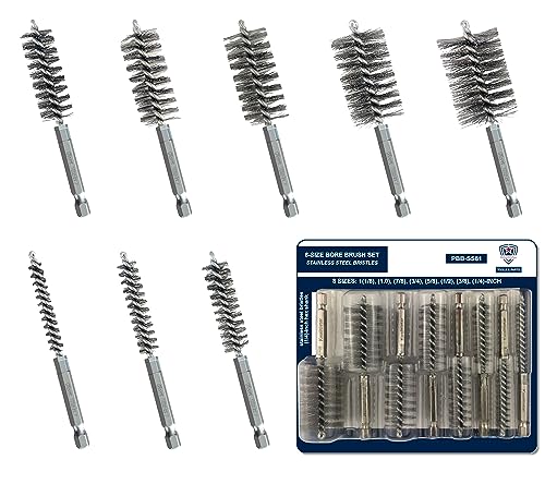 Stainless-Steel Bore Brush [8-Size Set] Wire Brush for Power Drill, Metal Cleaning Brushes, 1(1/8) to 1/4-inch Diameter in 1/8-in increments (or 29, 26, 22, 19, 16, 13, 10, 7 mm), (1/4-in Hex Shaft) - style: 1Set x 8Size (Stainless)