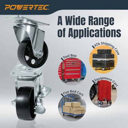 POWERTEC 3 Inch Cast Iron Swivel Caster Wheels Set of 4, Heavy Duty 992 lbs Loads, Plate Casters - 2 with Brake & 2 Without, for Cart, Dolly and Workbenches (17225) - size: 3 Inch, Swivel, Mixed Lock, Cast Iron