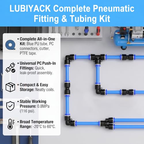 34PCS Blue PU Air Hose Pipe Tube Kit, 12mm OD 8mm ID, 50FT - color: Blue, size: 12mm OD x 50FT