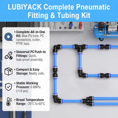 34PCS Blue PU Air Hose Pipe Tube Kit, 12mm OD 8mm ID, 50FT - color: Blue, size: 12mm OD x 50FT