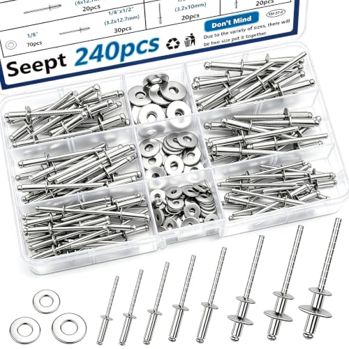 240pcs 304 Stainless Steel Rivets with Washers Assorted kit - color: 240Pcs