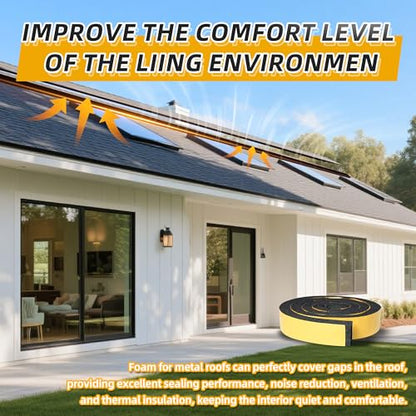 4PCS 6.6ft x 1.4in Metal Roof Foam Closure Strips Roll, Universal Vented Ridge Material with Self Adhesive, Polyurethane (PU) Insulating Felt Panels for Metal Roofing, Black - size: 26.4' Total, 1.4"w