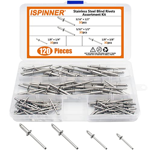 ISPINNER 120pcs 304 Stainless Steel Blind Rivets, Pop Rivets Assortment Kit