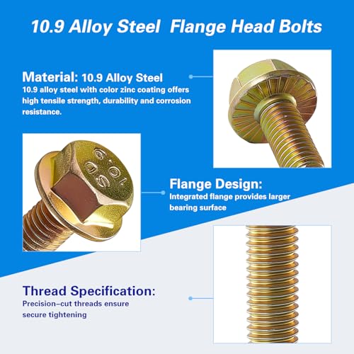 M8 x 70mm Flanged Hex Head Bolts, M8x1.25 Pitch, Grade 10.9 Alloy Steel, Color Zinc Plated, Half Thread, 8 Pack - size: M8 x 70mm(8PCS)