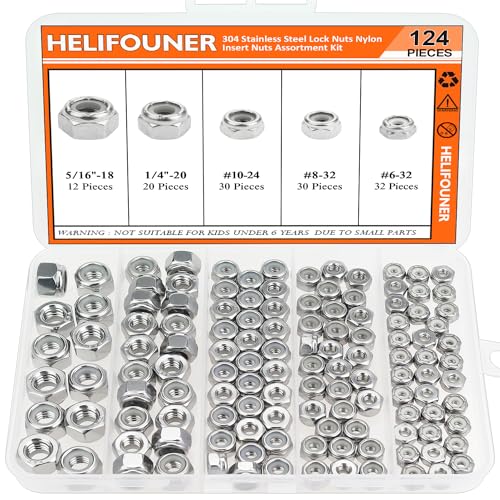 #6-32#8-32#10-24 1/4"-20 5/16"-18 Lock Nuts, HELIFOUNER 124 Pieces 5 Sizes Nylon Insert Hex Lock Nuts Assortment Kit, 304 Stainless Steel (18-8) Locknuts, Coarse Thread - size: #6-32 to 5/16"-18 (124 pcs)