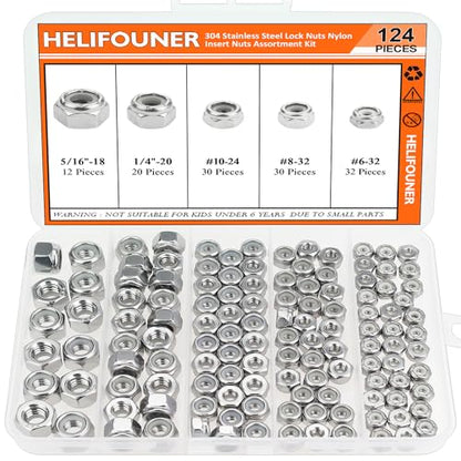 #6-32#8-32#10-24 1/4"-20 5/16"-18 Lock Nuts, HELIFOUNER 124 Pieces 5 Sizes Nylon Insert Hex Lock Nuts Assortment Kit, 304 Stainless Steel (18-8) Locknuts, Coarse Thread - size: #6-32 to 5/16"-18 (124 pcs)