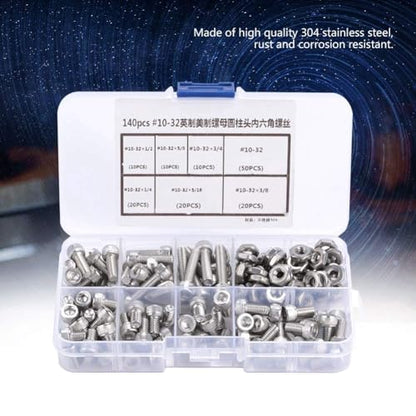 140PCS #10-32 Screws Assortment Kit, 5/16 1/4 5/8 3/8 3/4 1/2 Hex Socket Head Bolts, Nuts & Washers Assorted Set, Hex Socket Head Cap Screws Bolts Nuts Washer Kit, 304 Stainless Steel
