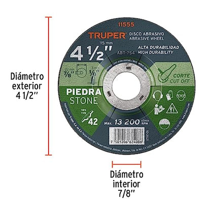 TRUPER ABT-754 Type 27 Masonry Cut-Off Wheels, High Perfomance, Diameter 4 1/2" (114mm)