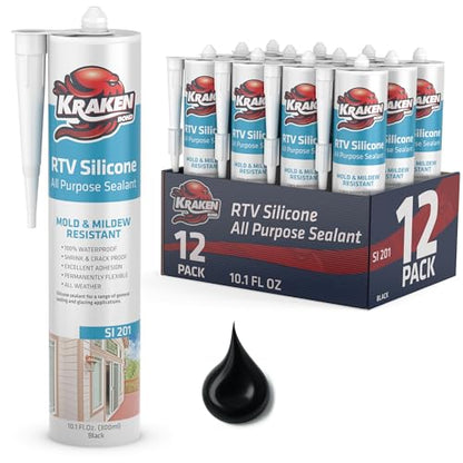 Kraken Bond RTV Silicone Sealant Black (12 x 10.1 fl.oz.)%100 Waterproof Silicone Caulk Kitchen and Bathroom, All Purpose, Window Caulking Sealant Outdoor, RV, 12 Pack - size: 12 Pack