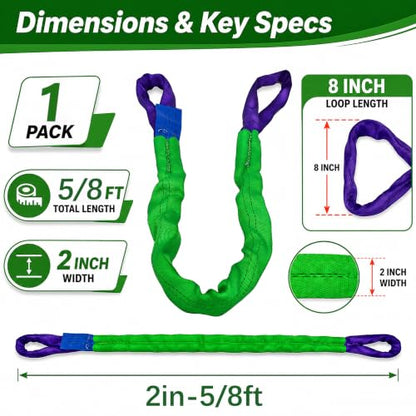 2" x 8' Lifting Sling Straps Polyester Web Slings 4400 Lbs Vertical, 3520 Lbs Choker, 8800 Lbs Basket (Green/Purple) - size: 2 Inch x 8 Feet