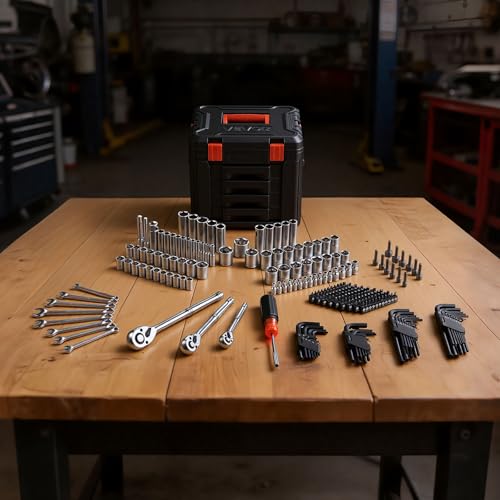 VEVOR Mechanics Tool Set, 256-Piece Mechanic Tool Kit, 1/4 in, 3/8 in, and 1/2 in Drive, SAE and Metric Socket Set, Wrenches, Screwdriver Bits, Accessories, and Storage Case, for Automotive Repair - size: 256-PCS